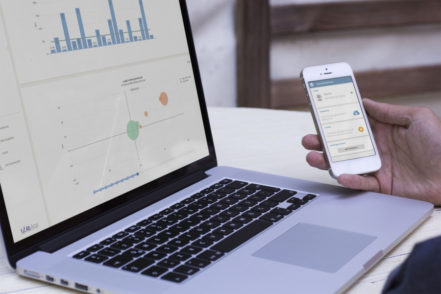 desktop with dashboard on the screen and smartphone with app open